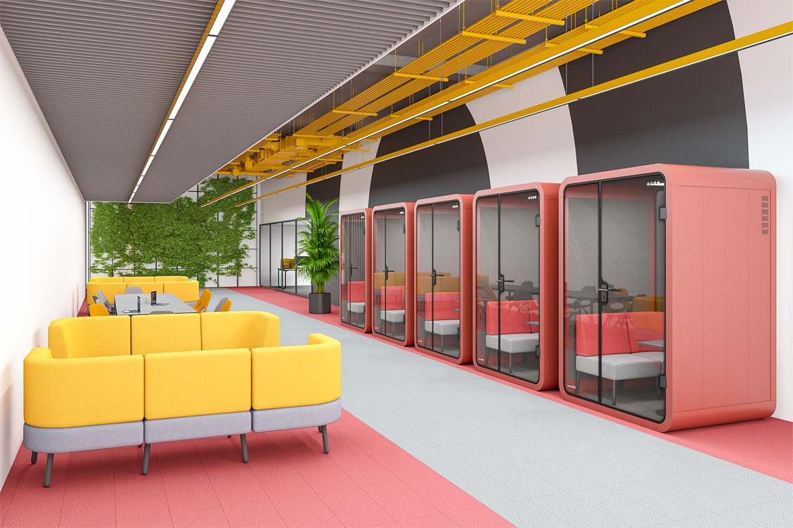 Wizualizacja budki akustycznej w biurze typu open space
