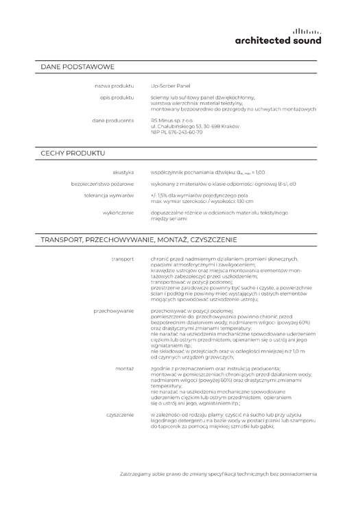 Miniatura okładki karty właściwości użytkowych panelu akustycznego Up-Sorber Panel