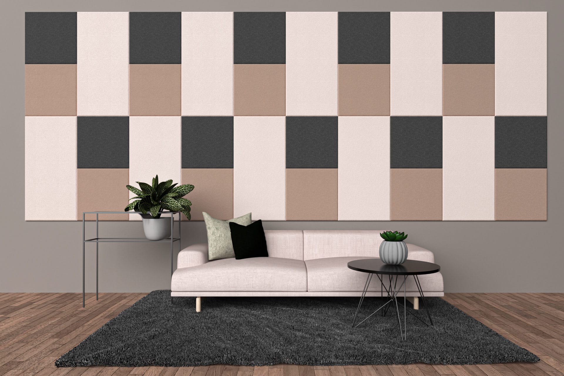 Panele dekoracyjne dźwiękochłonne w kształcie kwadratów i prostokątów na ścianie w salonie
