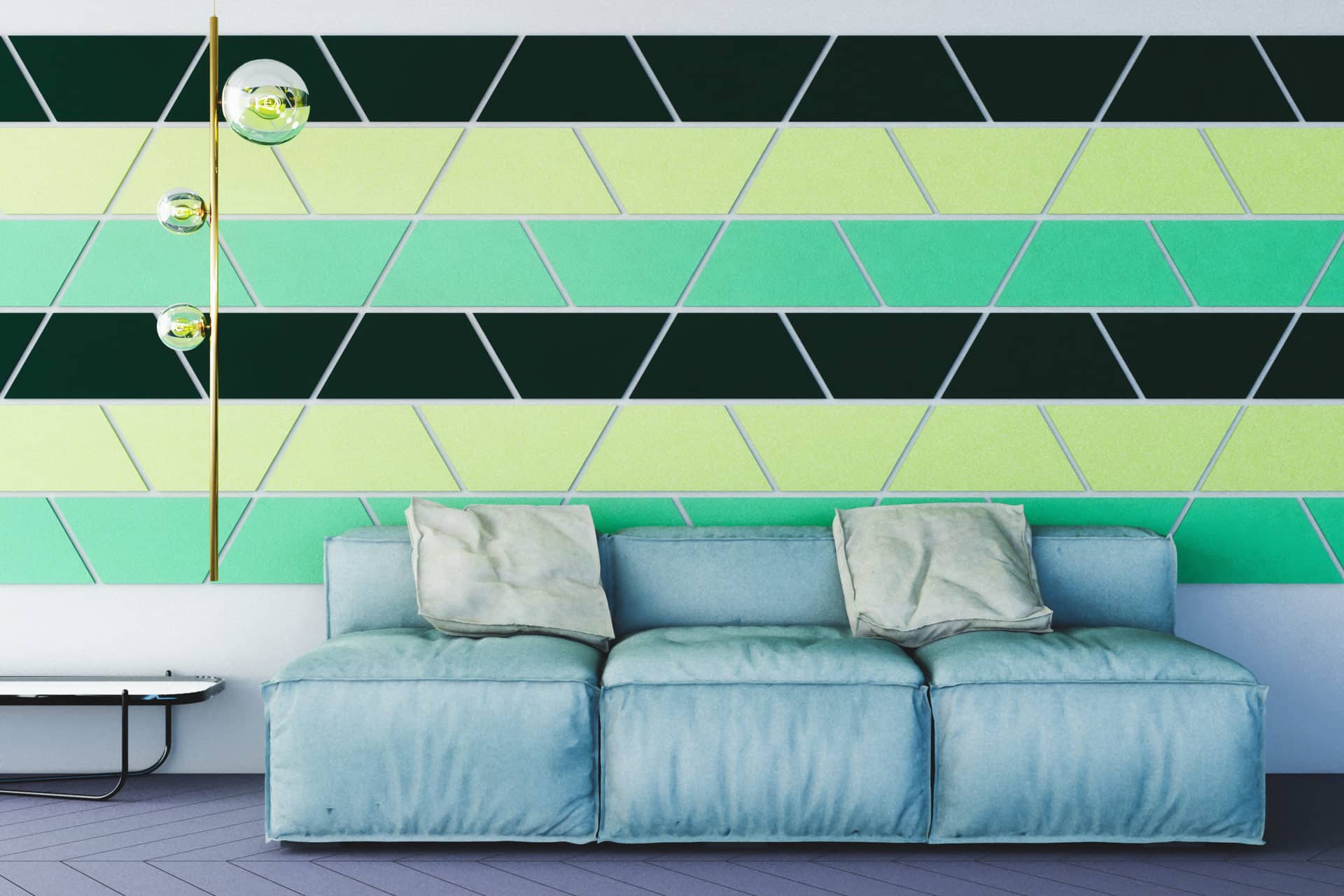 Panele dekoracyjne dźwiękochłonne w kształcie trapezu na ścianie w salonie