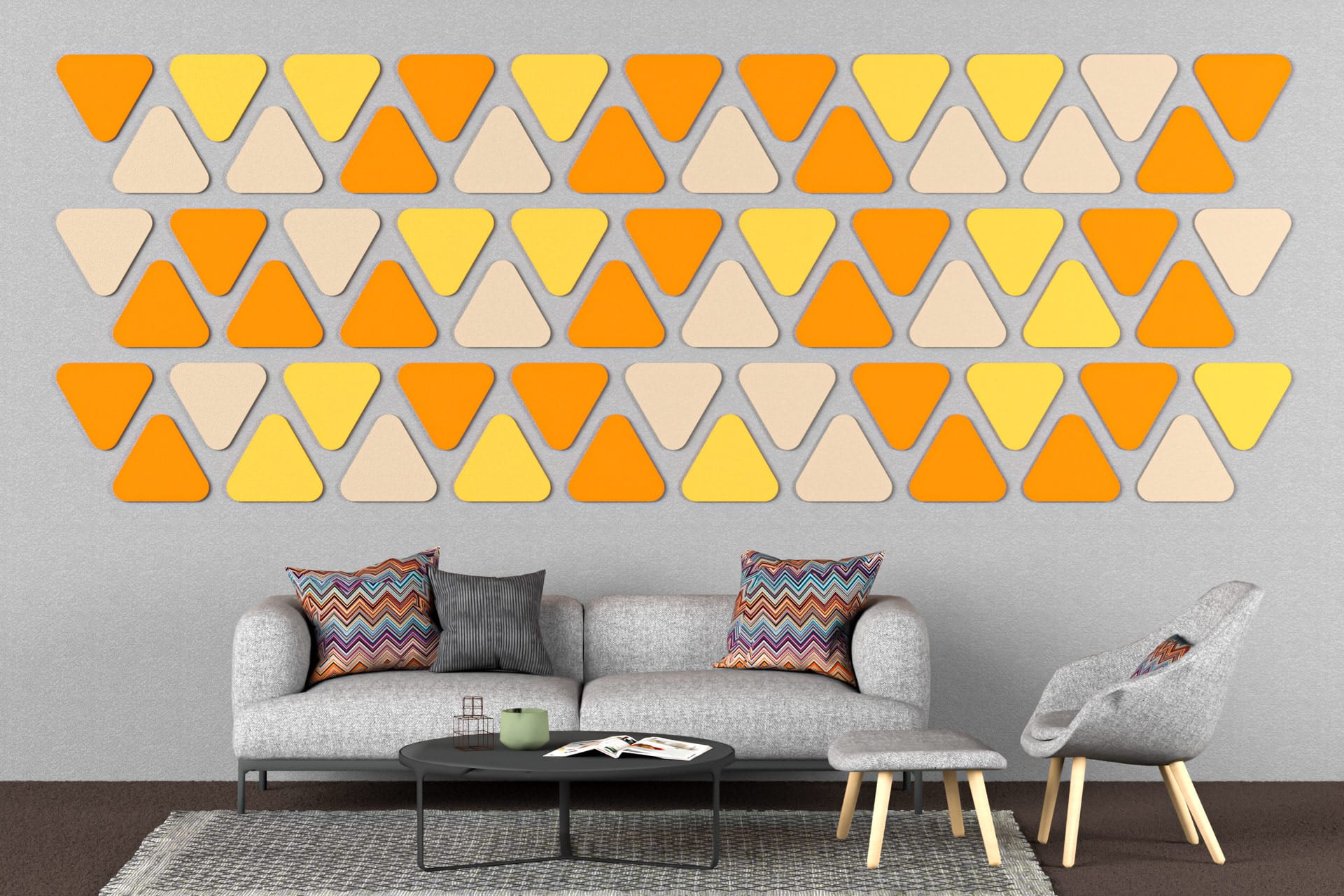 Panele dekoracyjne dźwiękochłonne w kształcie zaokrąglonych trójkątów na ścianie w salonie