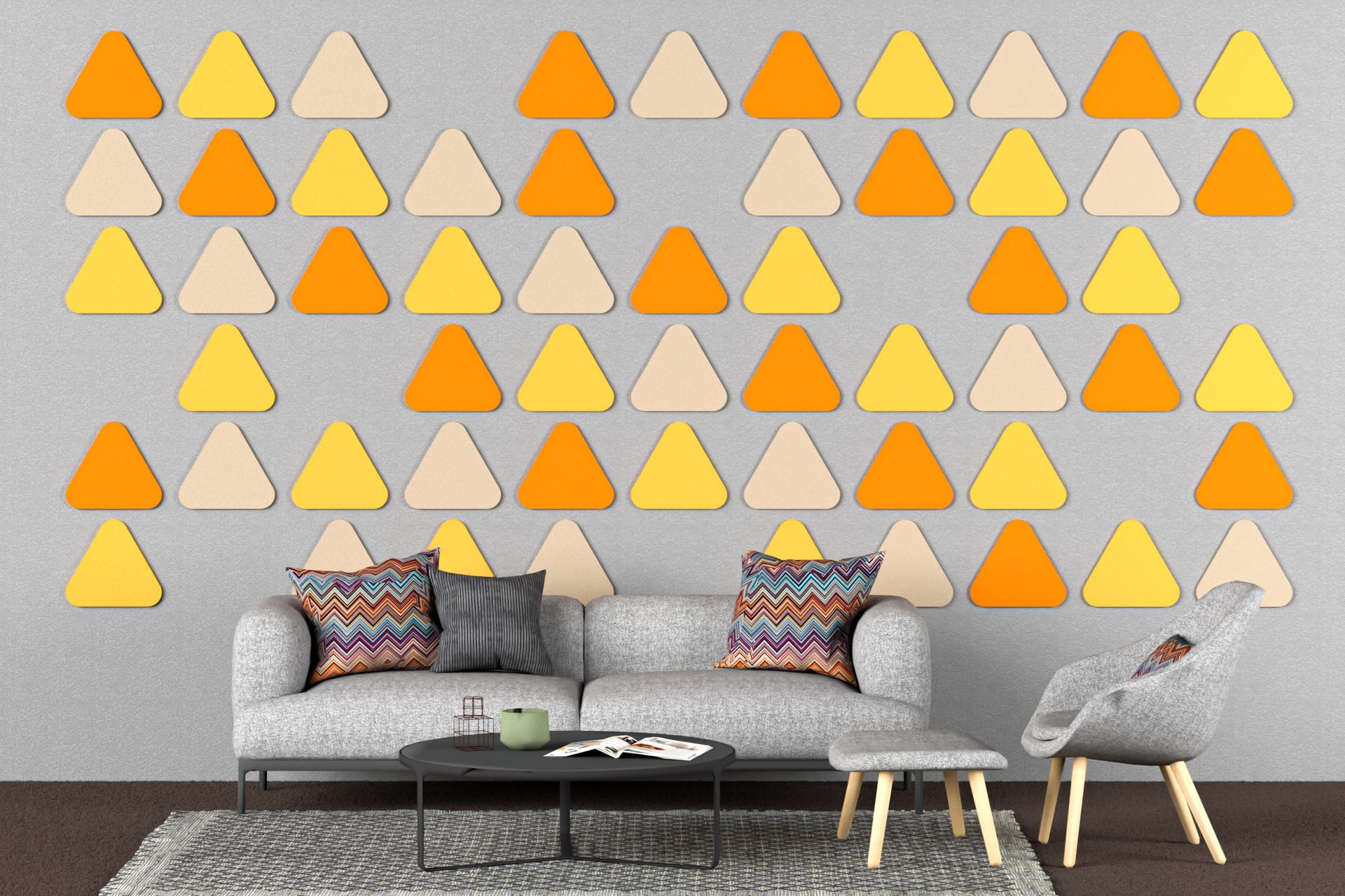 Panele dekoracyjne dźwiękochłonne w kształcie zaokrąglonych trójkątów na ścianie w salonie