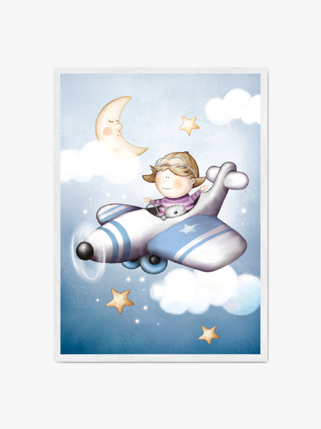 Obraz akustyczny - Plakat dziecięcy chłopiec w niebieskim samolocie z kotkiem na tle gwiazd i księżyca- Katarzyna Kamaj-Ługowska