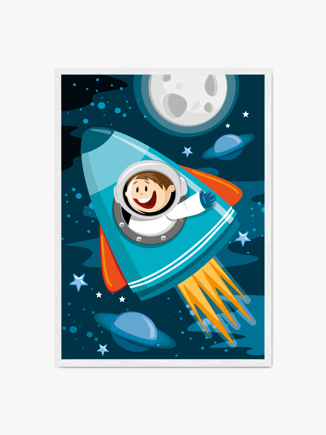 Obraz akustyczny - Plakat dziecięcy Rakieta kosmiczna z astronautą w kosmosie na tle księżyca i planet - Katarzyna Kamaj-Ługowska