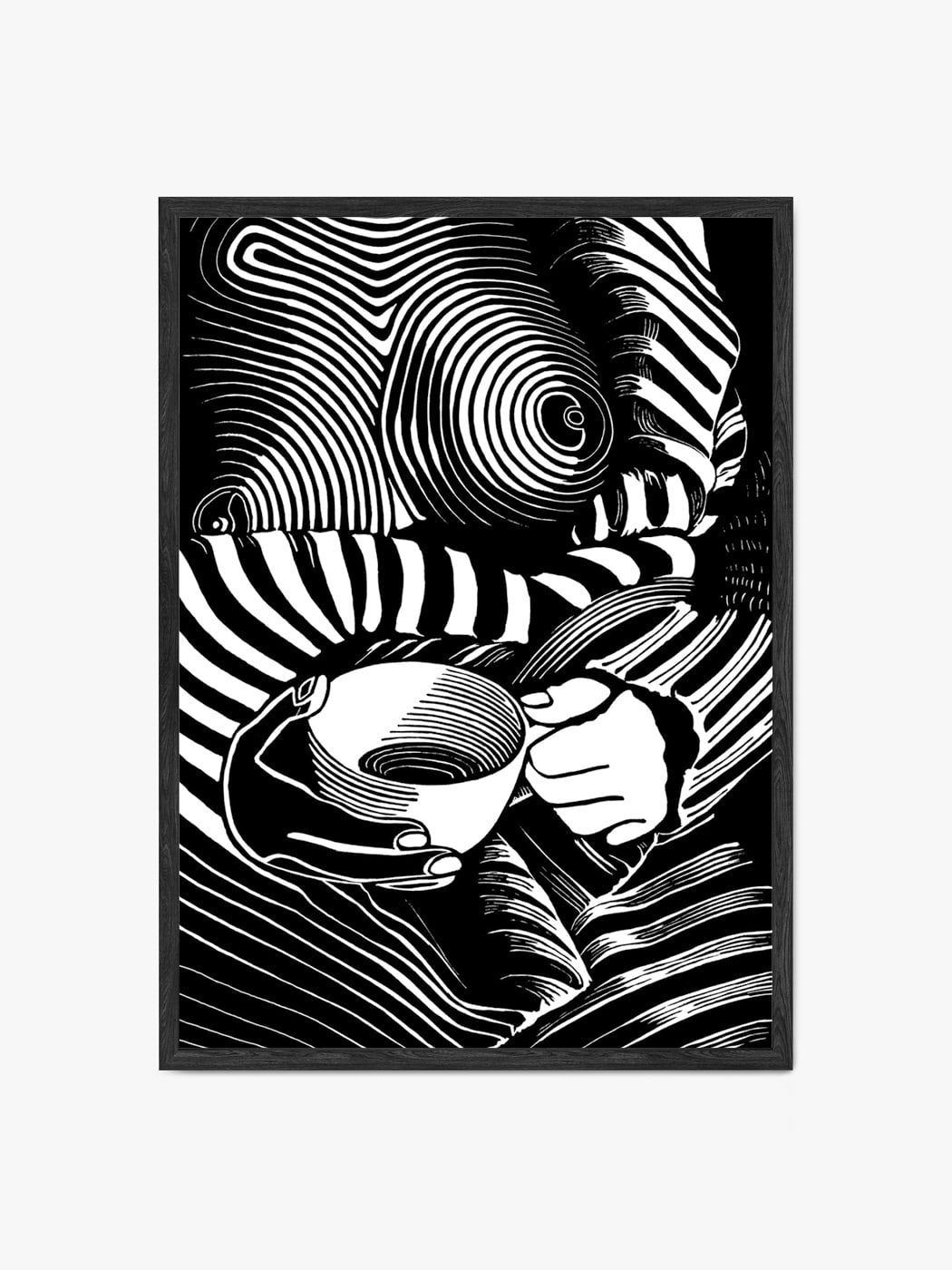 Czarno biała grafika przedstawiająca akt kobiecy autorstwa Marty Kozłowskiej w formie obrazu akustycznego dźwiękochłonnego w czarnej ramie