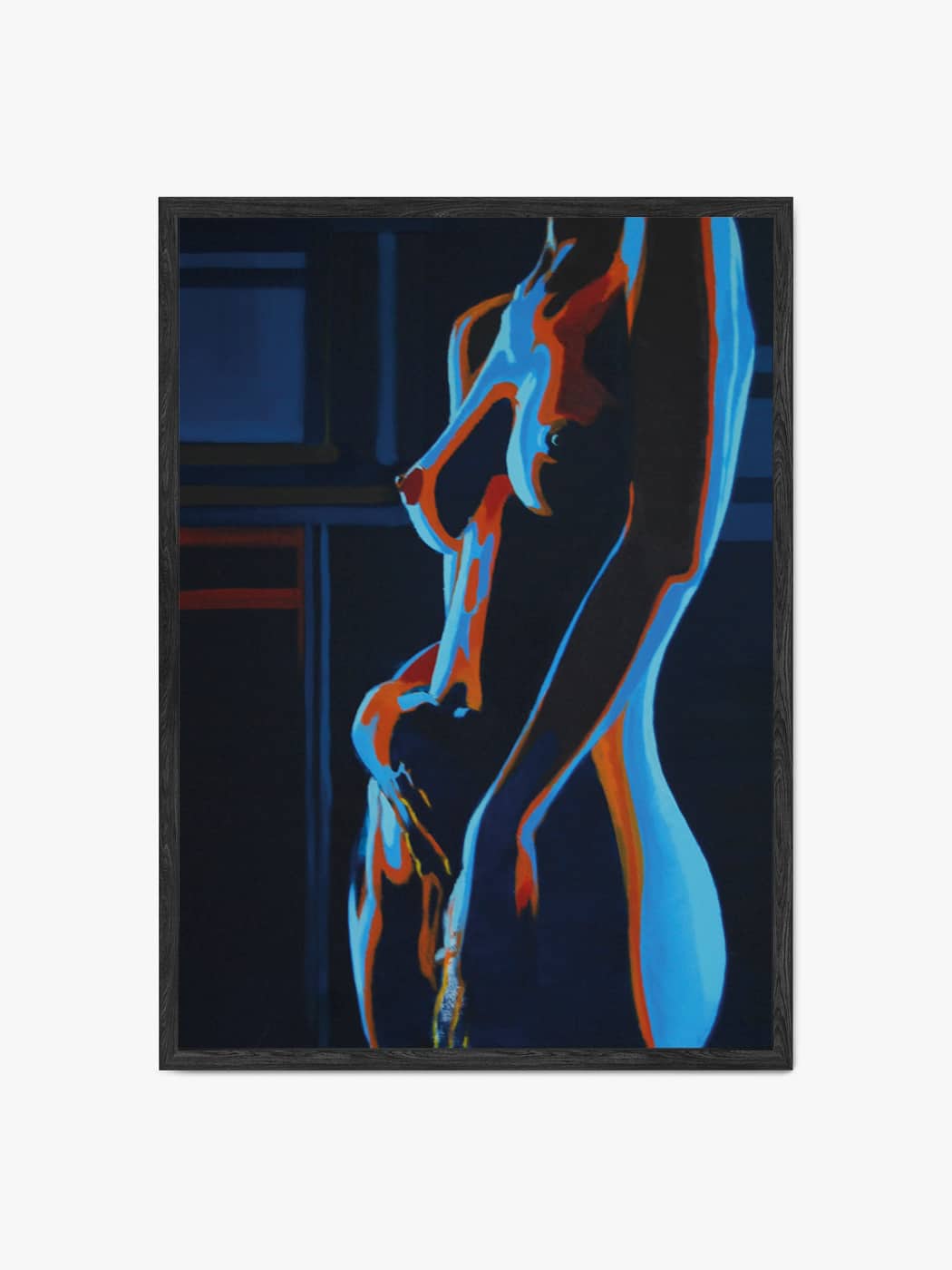 Grafika przedstawiająca akt kobiecy autorstwa Marty Kozłowskiej w formie obrazu akustycznego dźwiękochłonnego w czarnej ramie