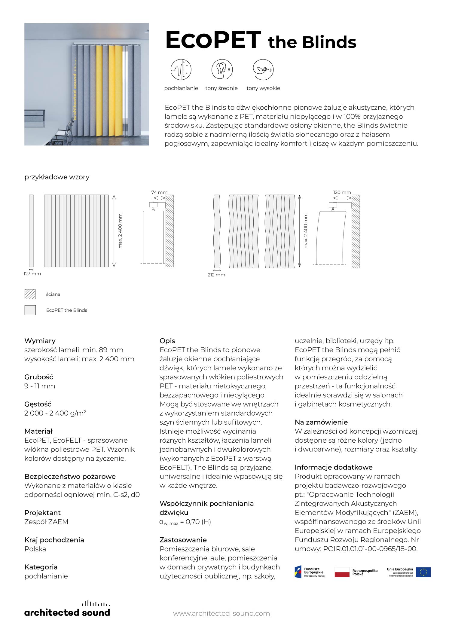 Karta katalogowa pionowych żaluzji akustycznych Architected Sound EcoPET the Blinds