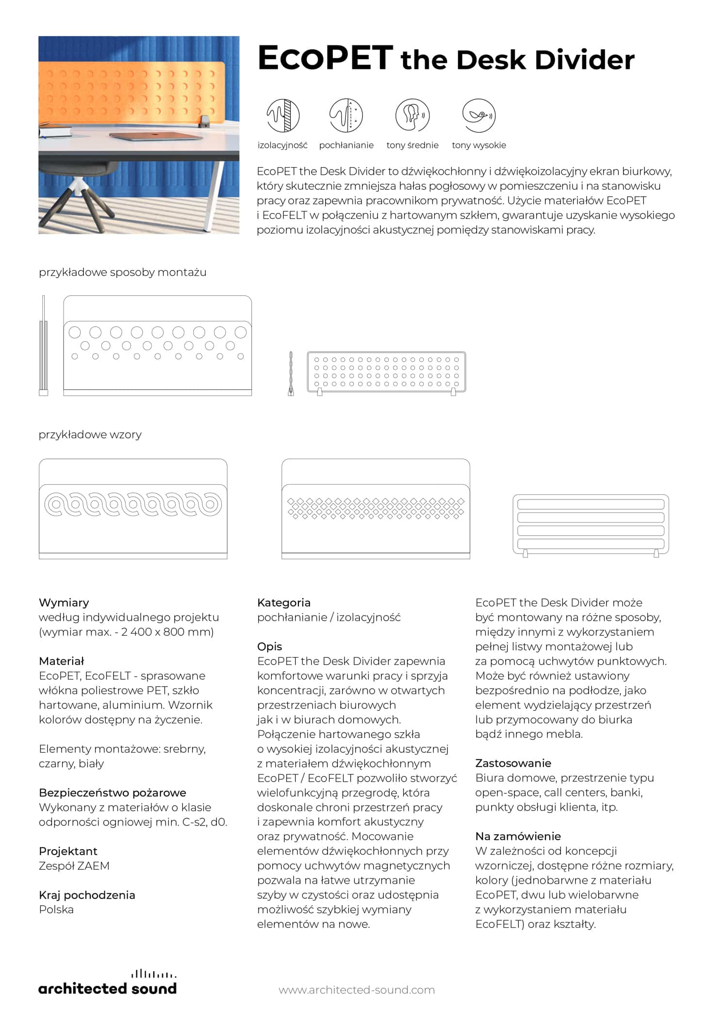 Karta katalogowa biurkowego ekranu dźwiękochłonnego EcoPET the Desk Divider
