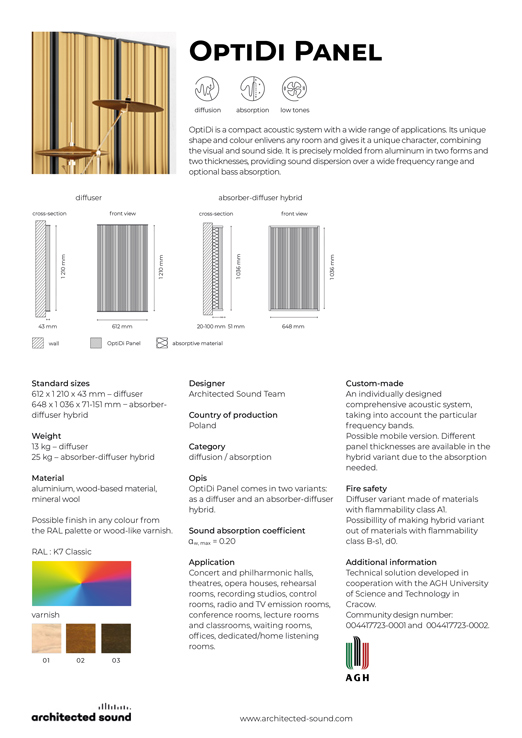 Thumbnail cover of product sheet of Optidi Panel sound diffuser.