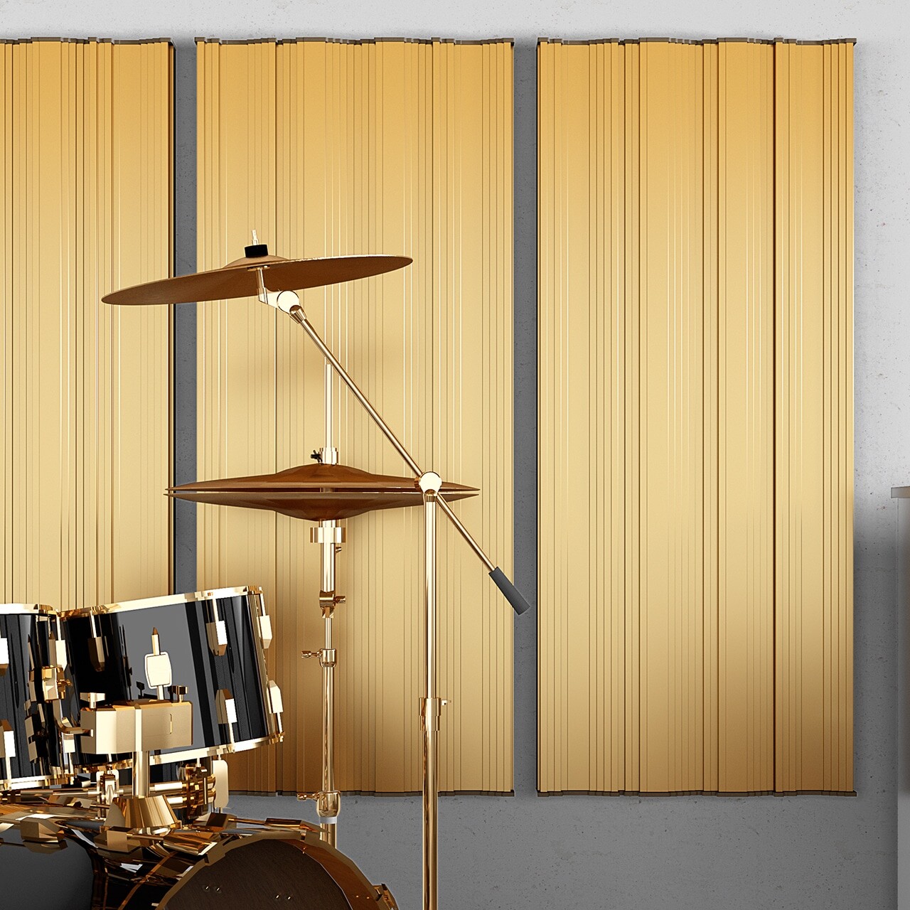 Sound diffuser Optidi Panel on the wall next to the piano and the drums. in rehearsal room.