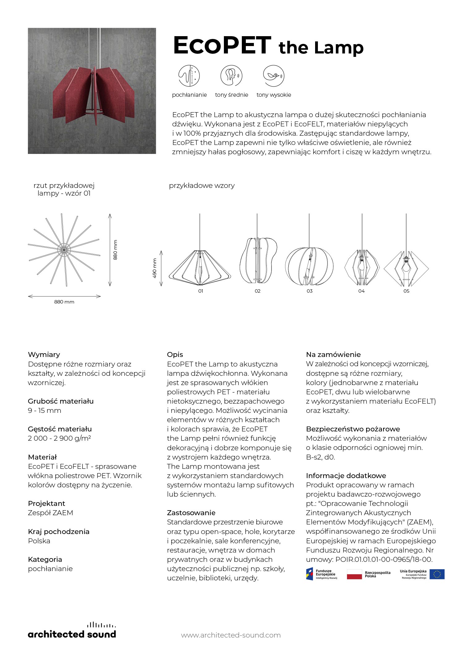 Karta katalogowa akustycznej lampy dźwiękochłonnej EcoPET the Lamp