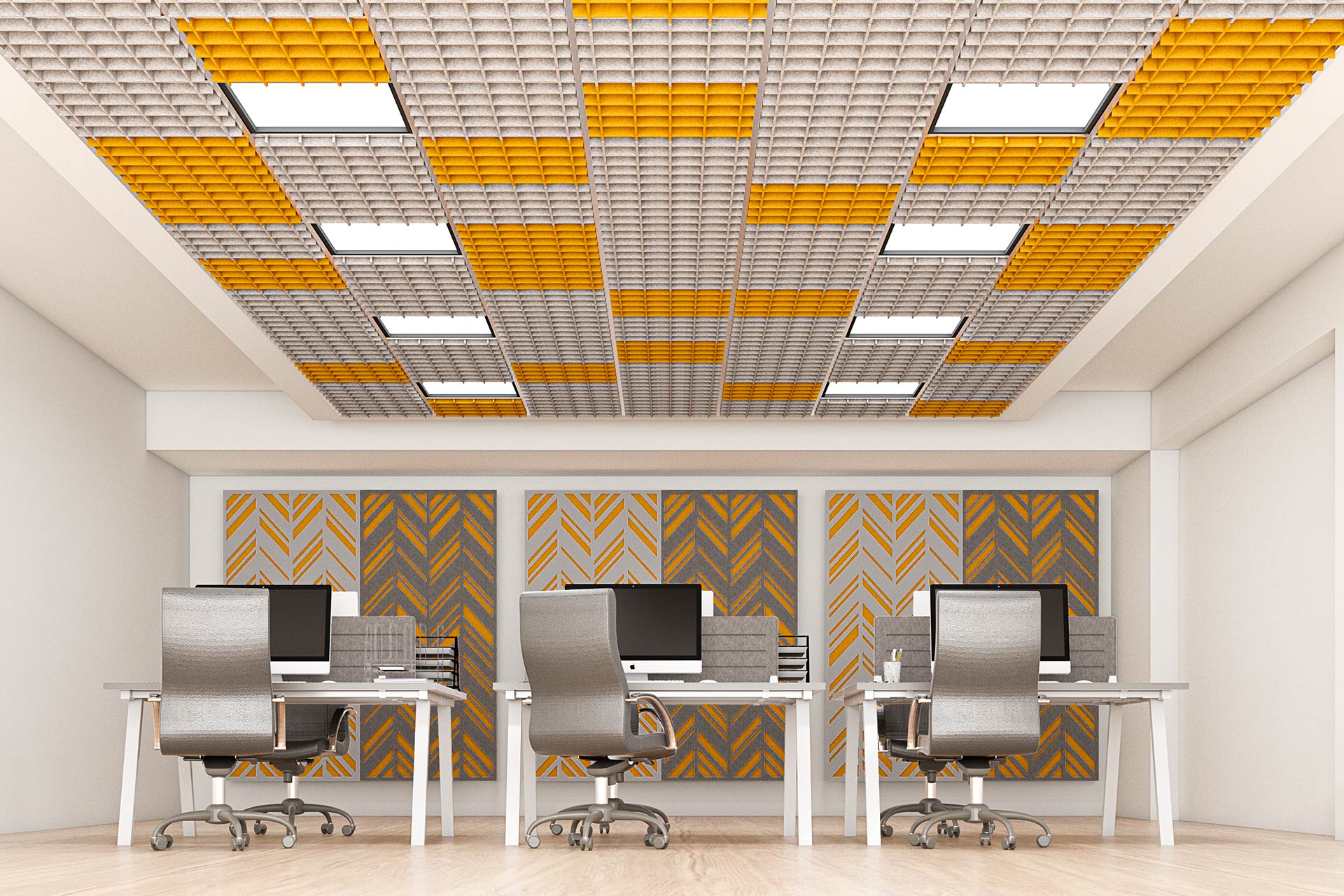 Rastrowy sufit akustyczny EcoPET the Grid w różnych koloracj w biurze typu open space