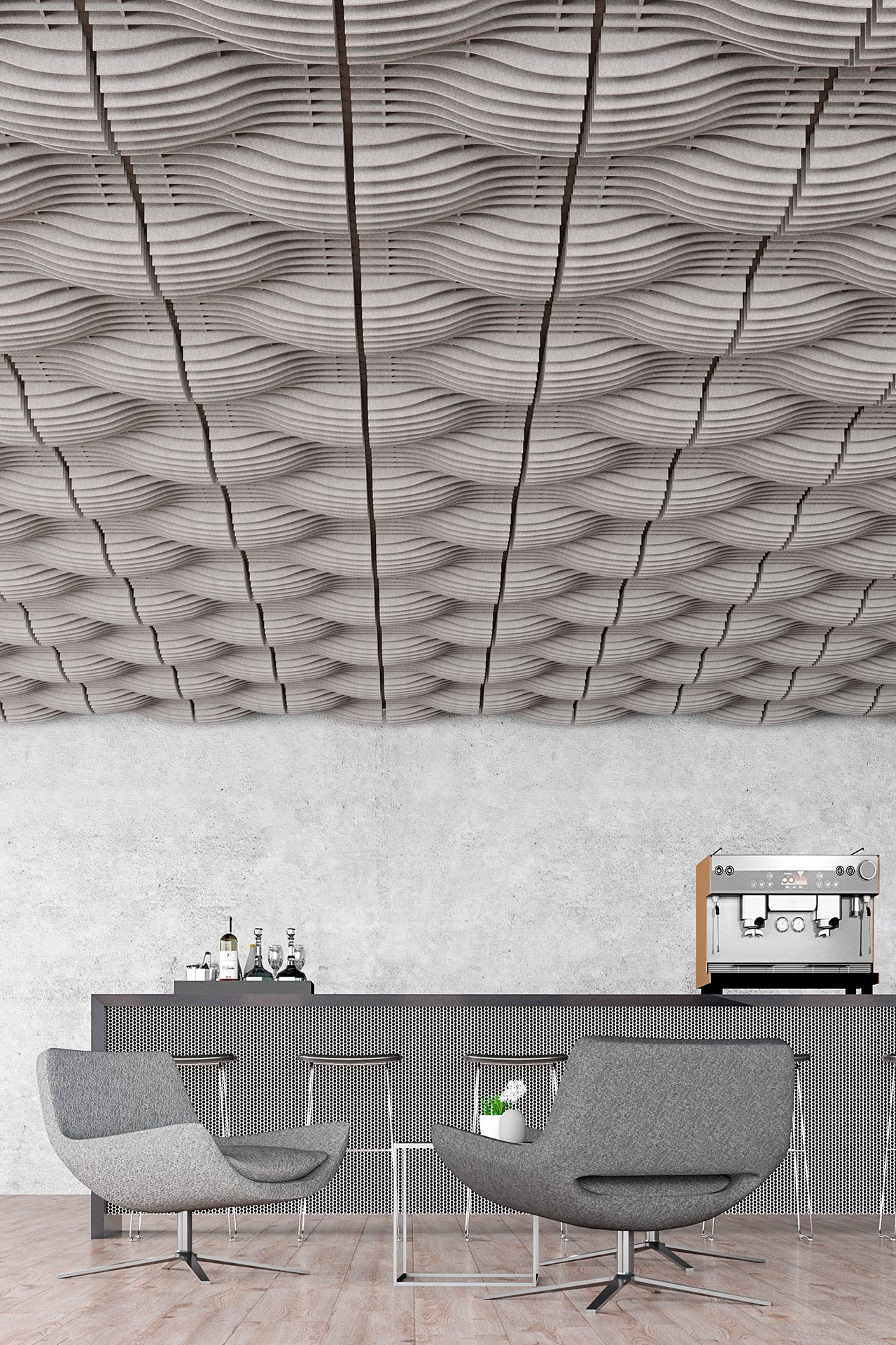 Sufit 3d akustyczny EcoPET the Grid w hotelowym lobby bar
