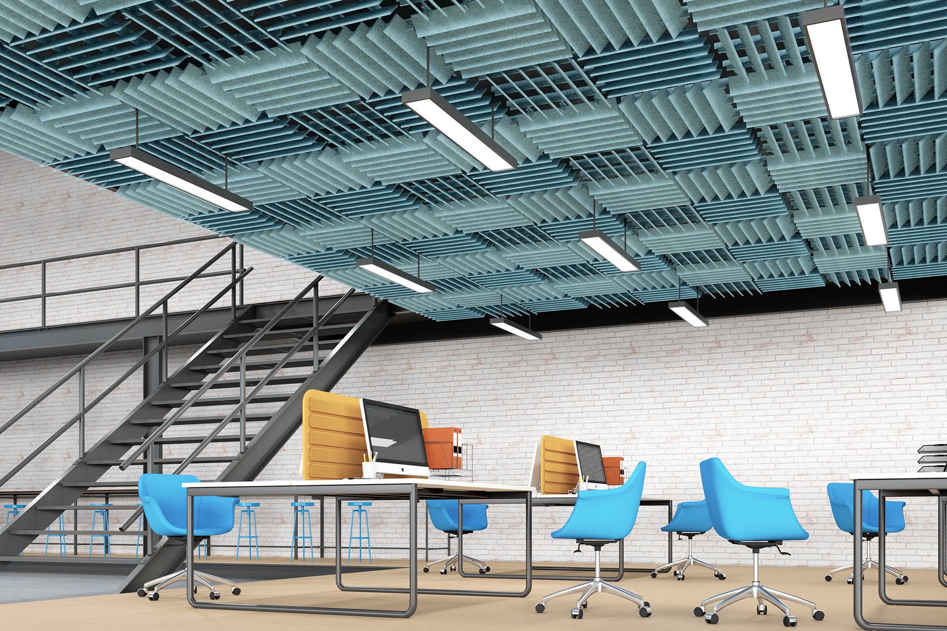 Rastrowy sufit akustyczny EcoPET the Grid w biurze typu open space