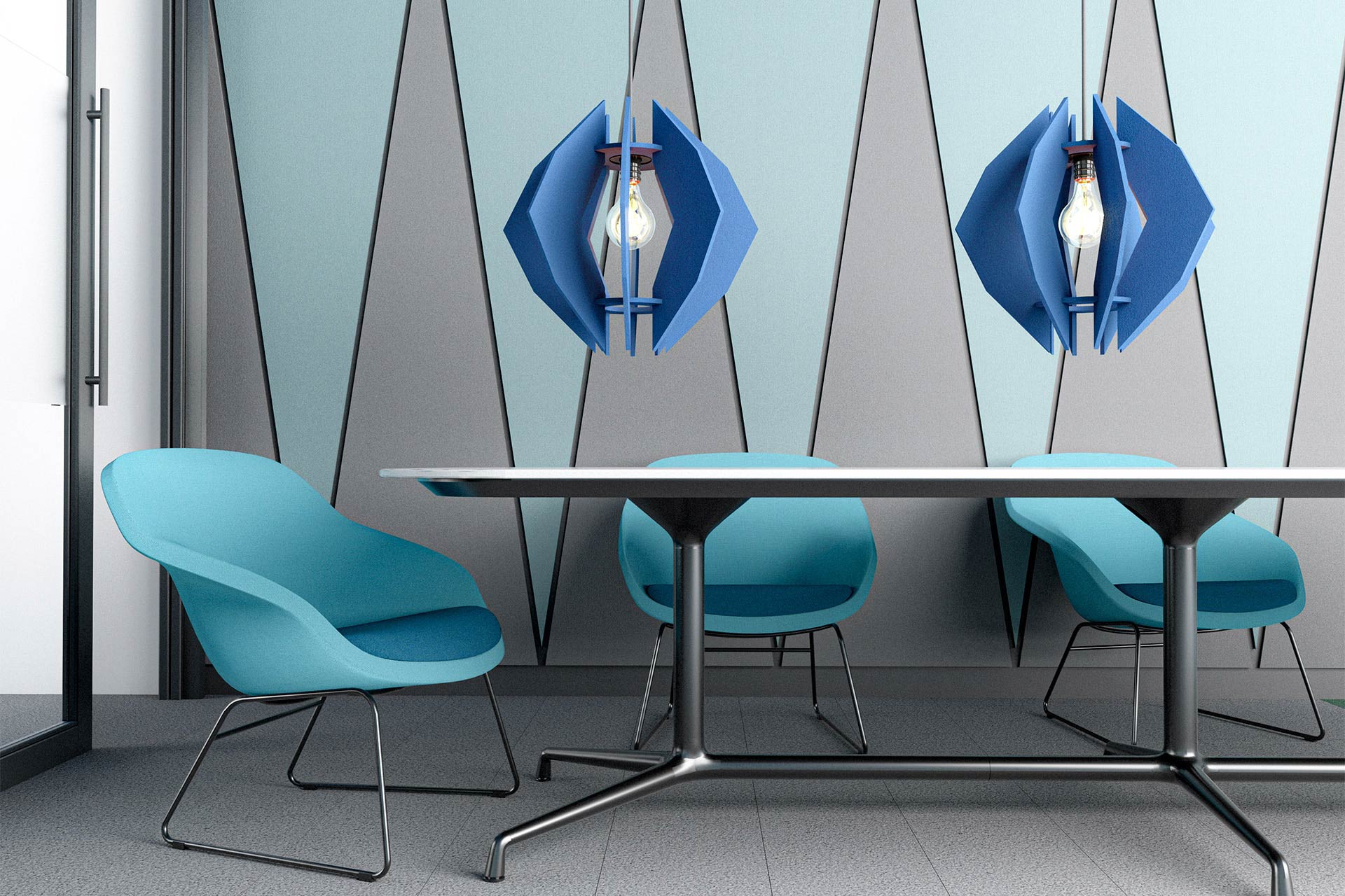 Niebieskie designerskie lampy akustycznie wiszące nad stołem w biurze