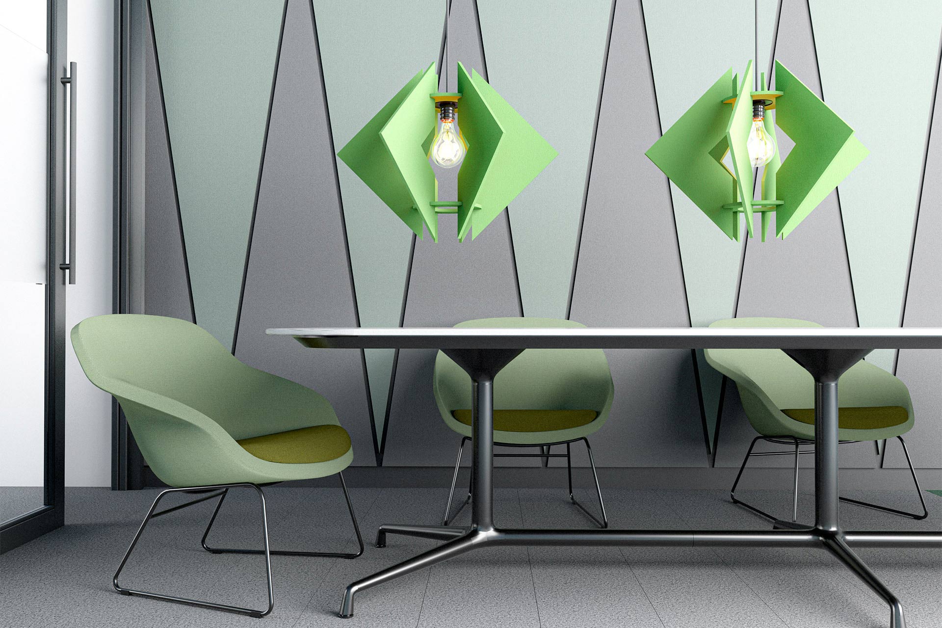 Zielone geometryczne lampy akustyczne sufitowe wiszące nad stołem w sali konferencyjnej