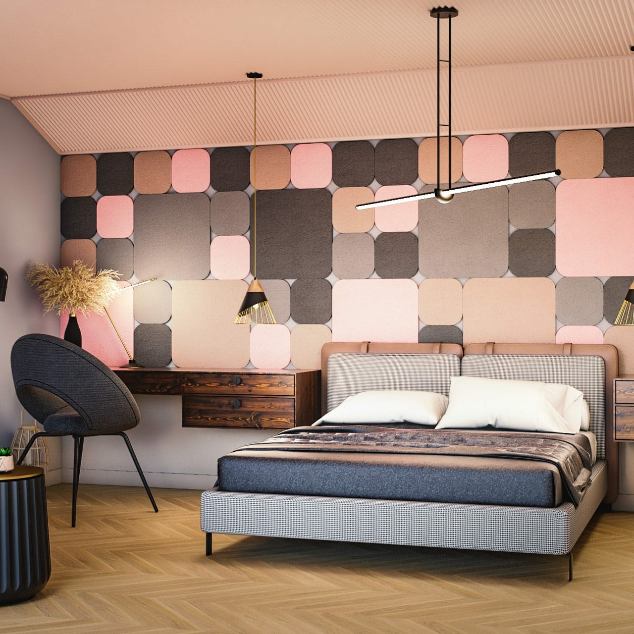 Composition of multicolored acoustic tiles on the wall in bedroom