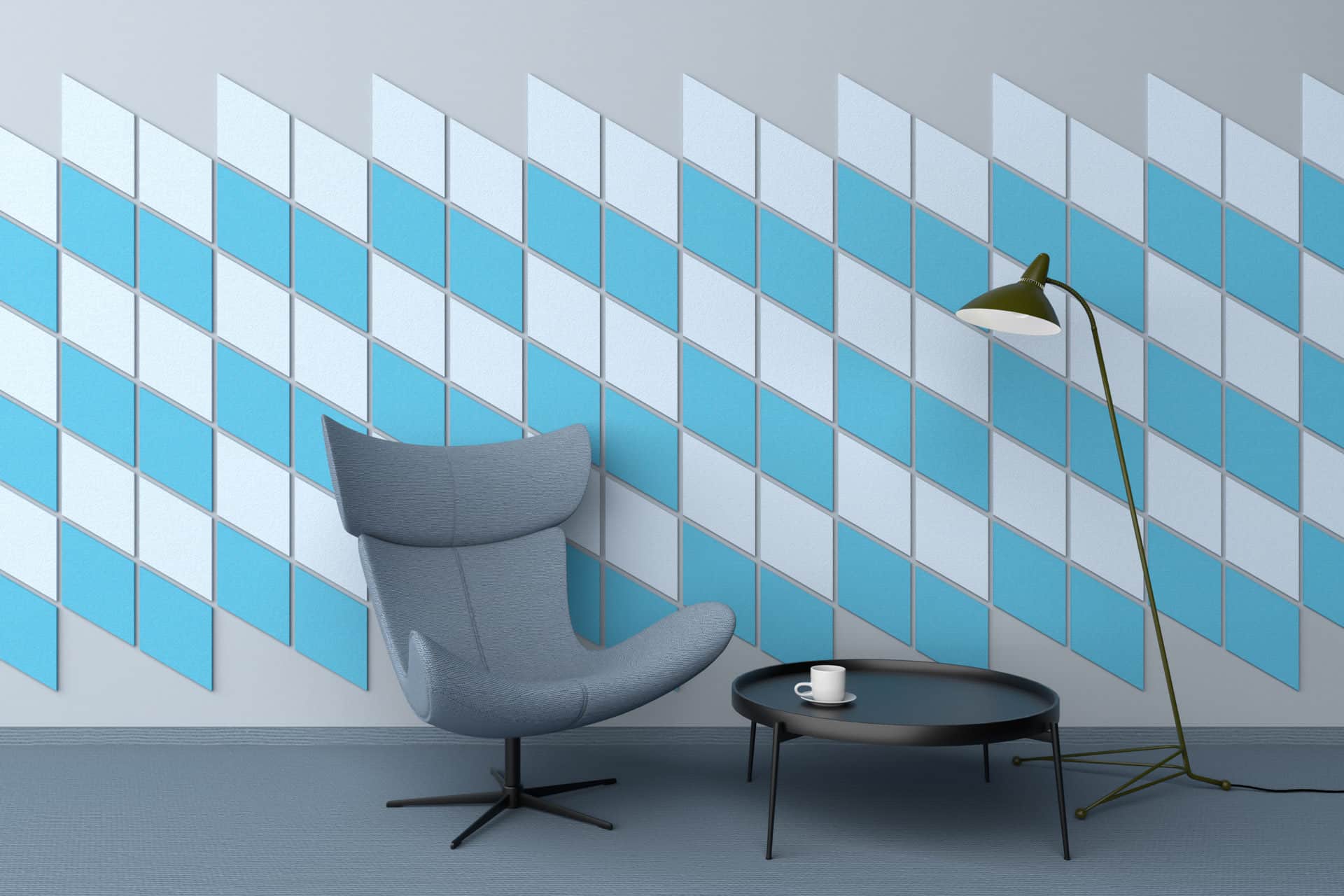 Composition of diamond shape 3d acoustic tiles on the wall in living room