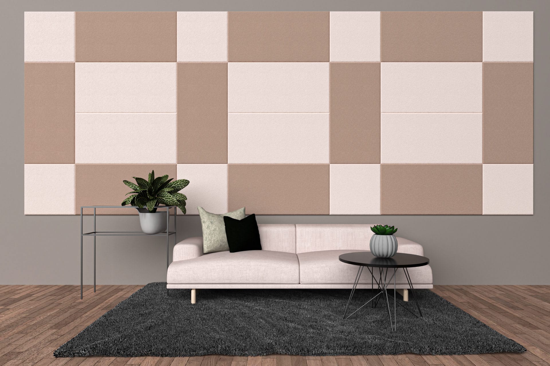 Composition of beige and brown rectangular acoustic tiles on the wall in living room