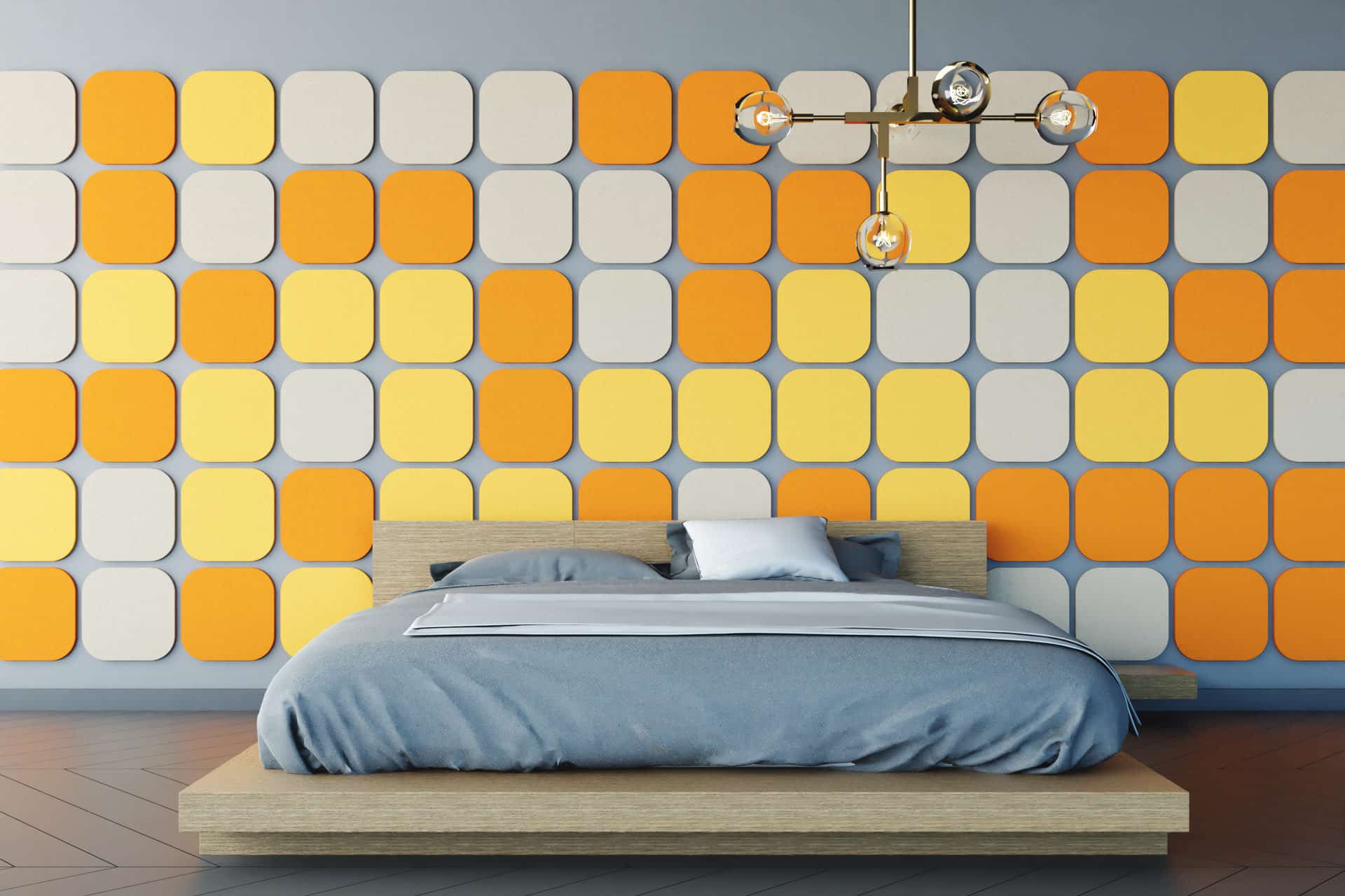 Composition of square 3d acoustic tiles on the wall in bedroom