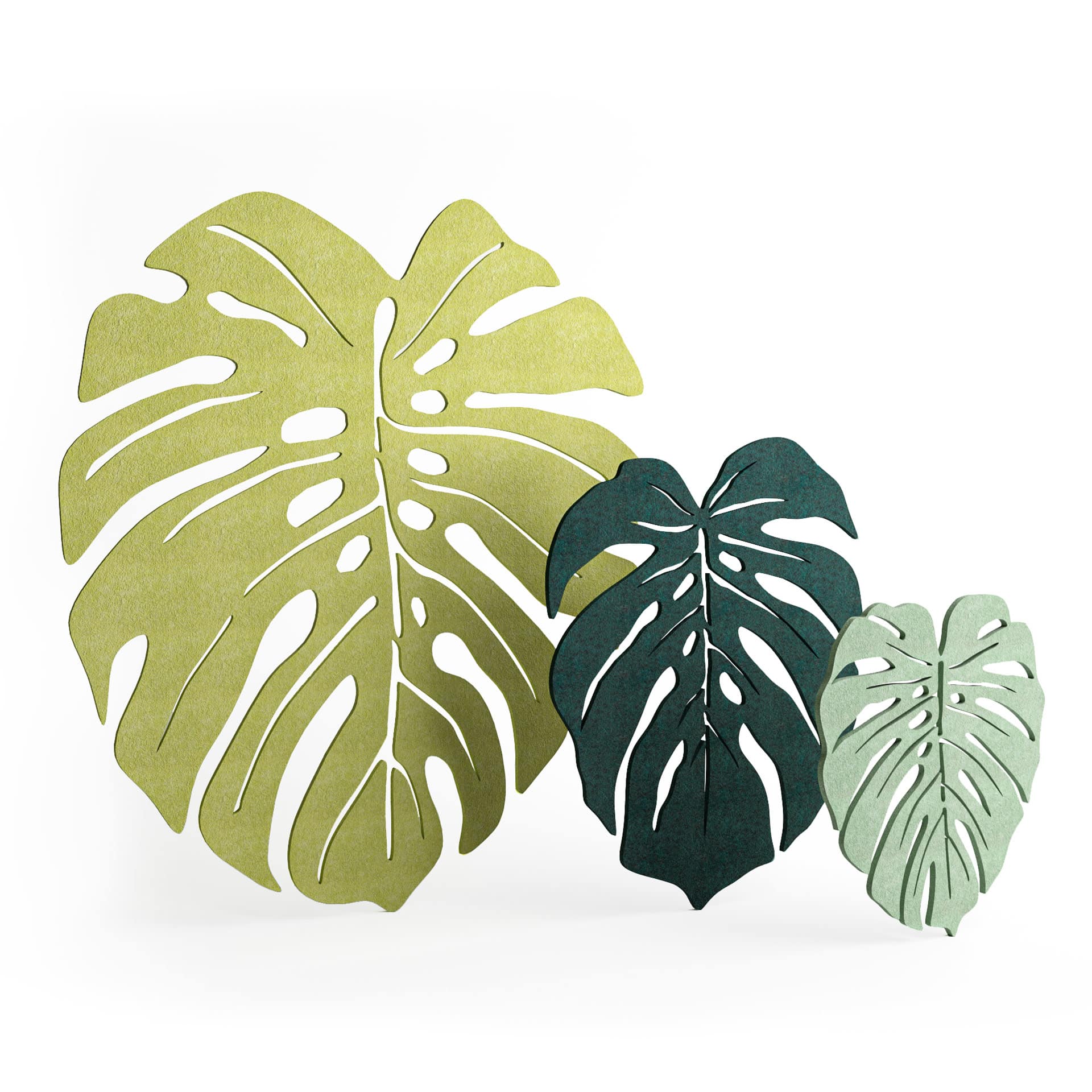 Sound-absorbing decorative wall panels in shape of monstera leaves