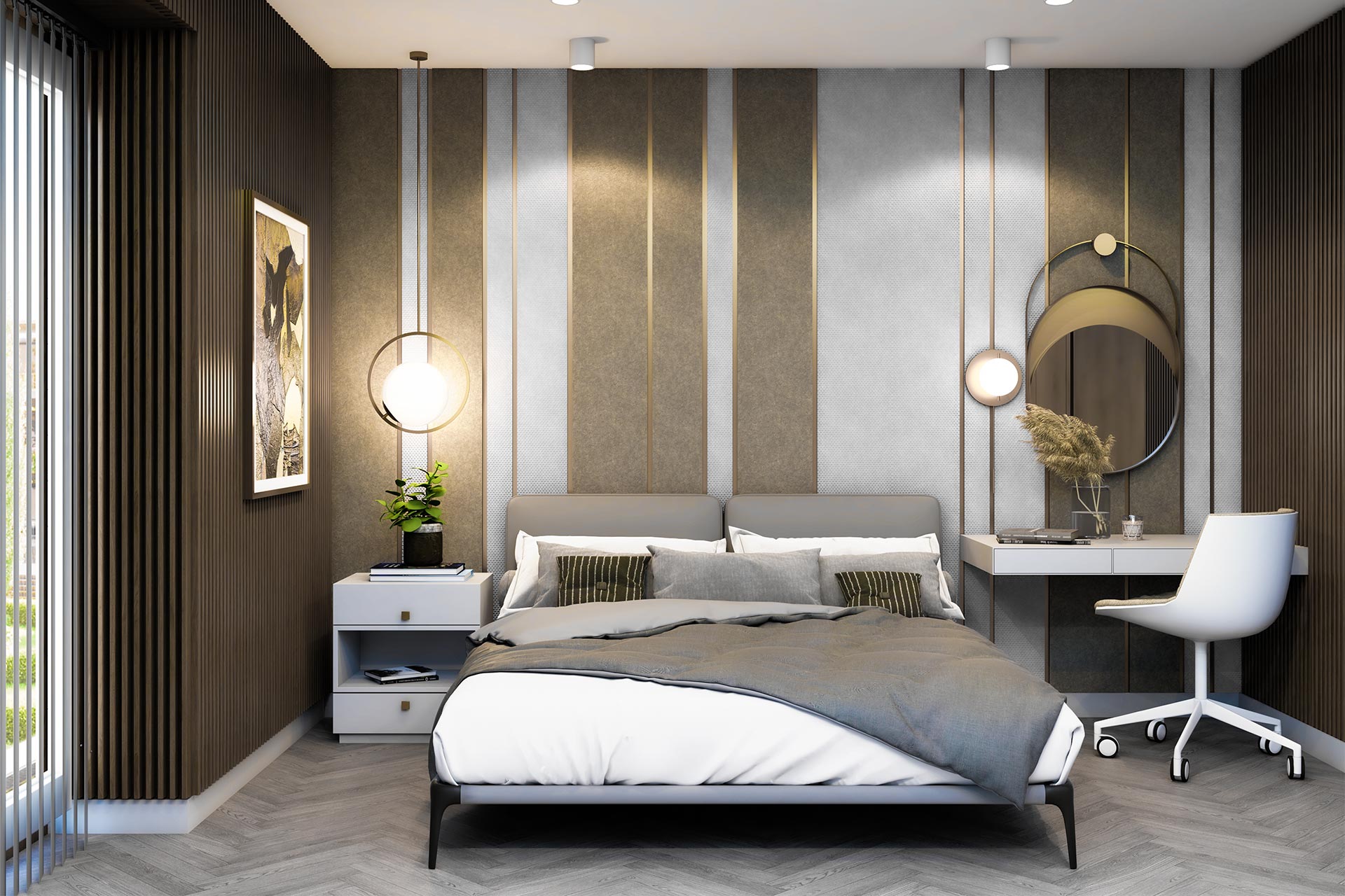 Kompozycja dźwiękochłonnych dekoracyjnych paneli na ścianie w sypialni