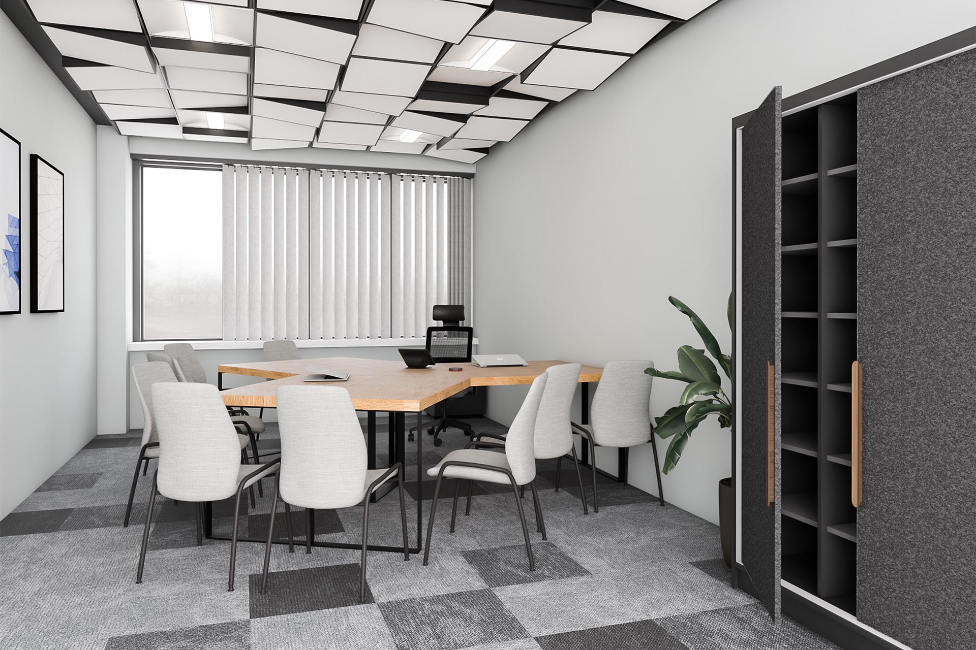 Soft acoustic furniture fronts fitted on office's wardrobe
