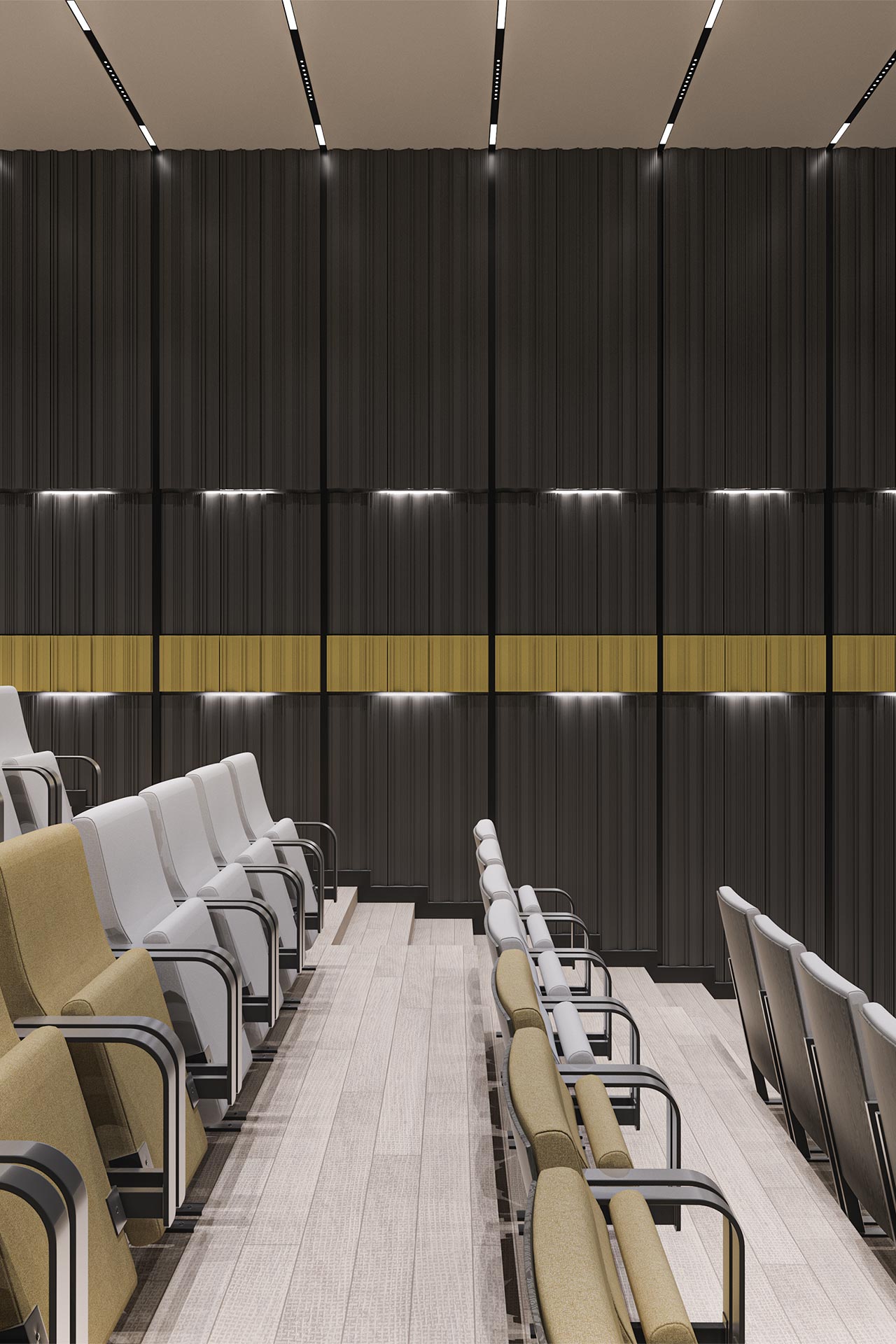 Dyfuzory akustyczne rozpraszające dźwięk na ścianie bocznej w sali kinowej
