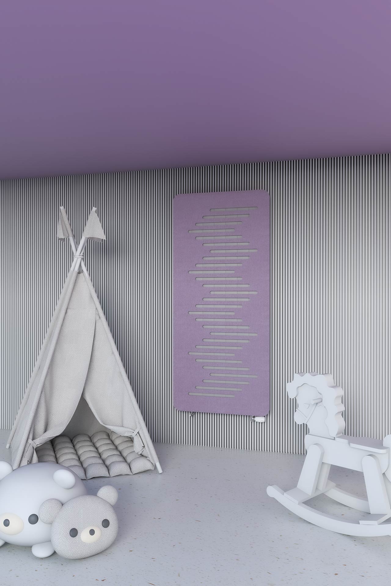 Colorful purple radiotor cover in child bedroom