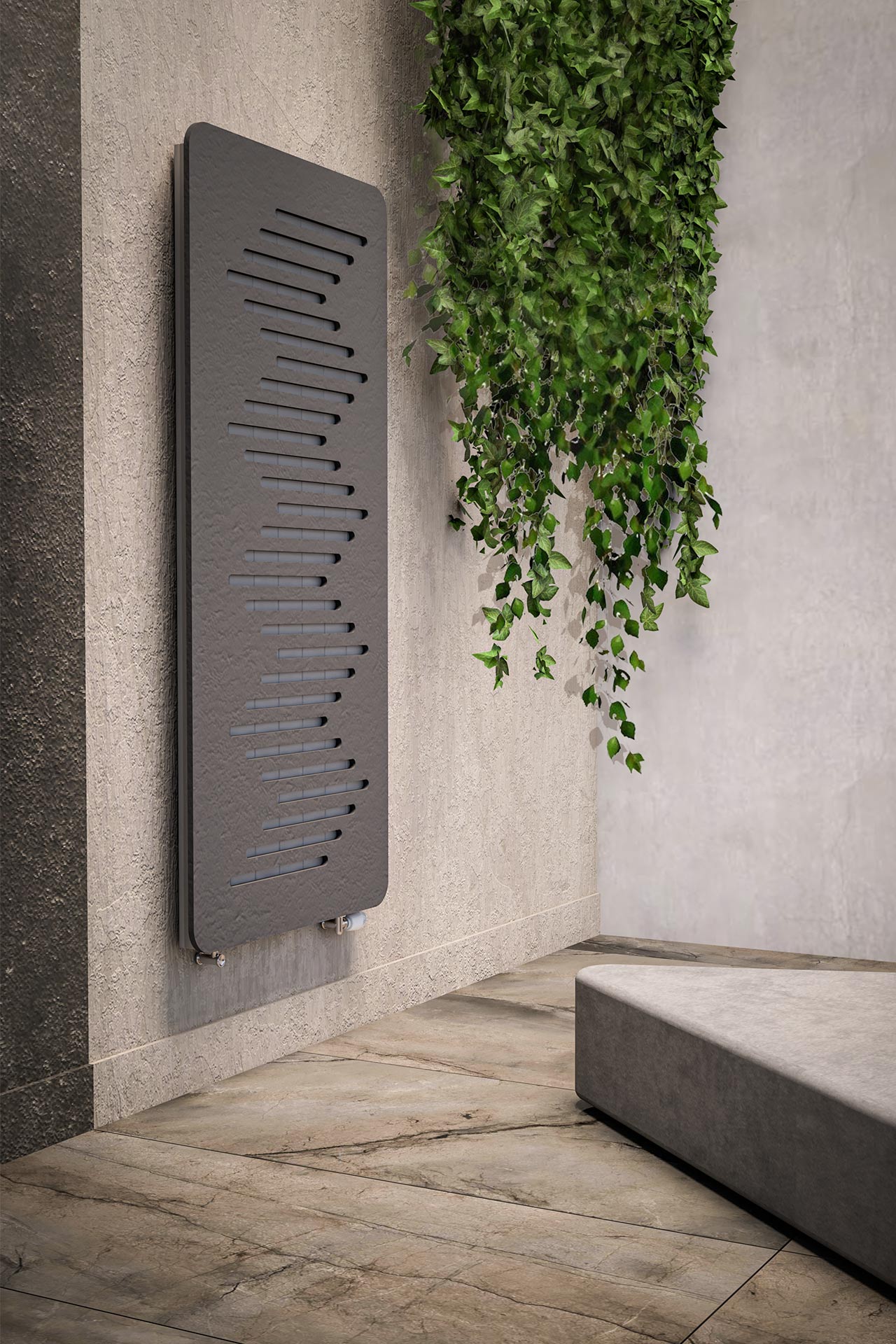 Decorative custom sound-absorbing cover on a vertical radiator