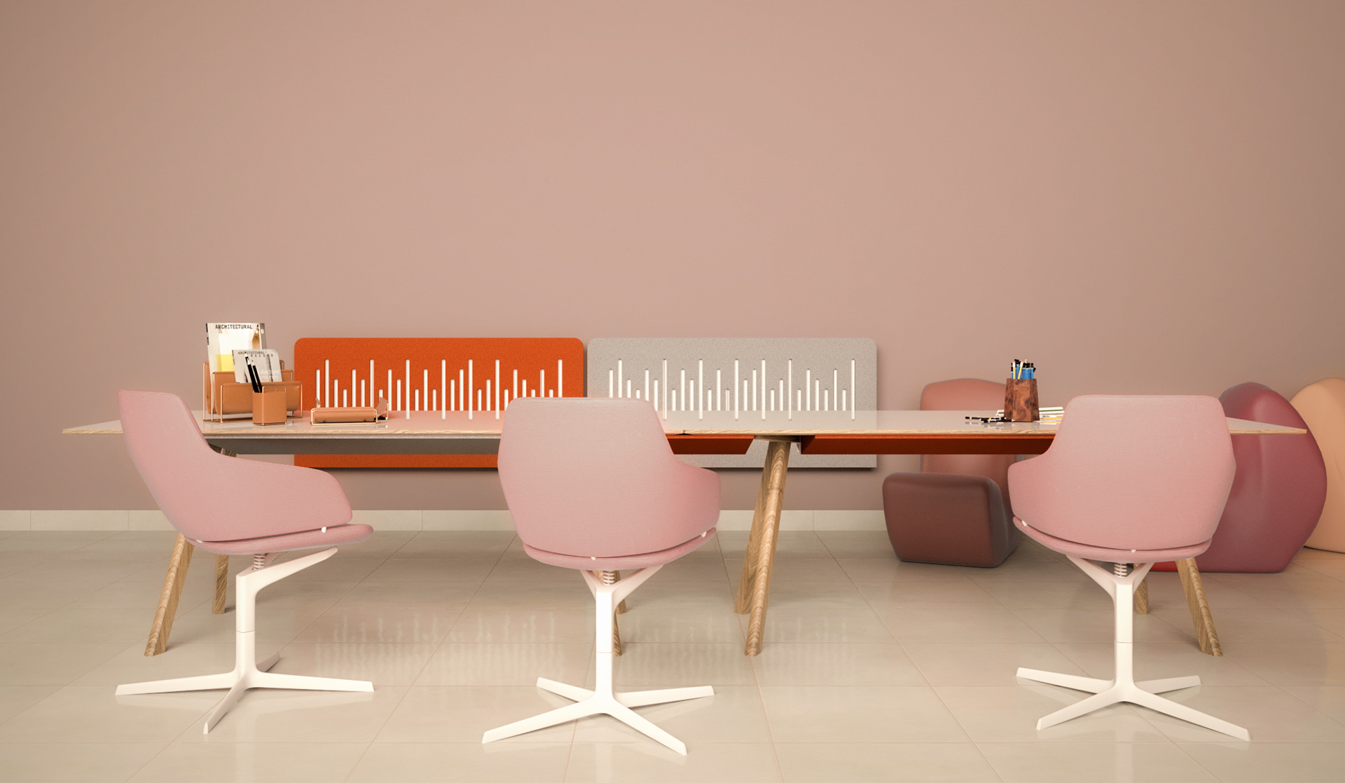 Sound-absorbing colourful decorative radiator covers in office