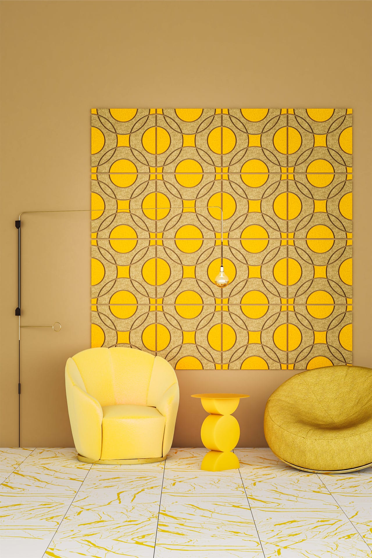Composition of decorative acoustic panels on the wall in a waiting room