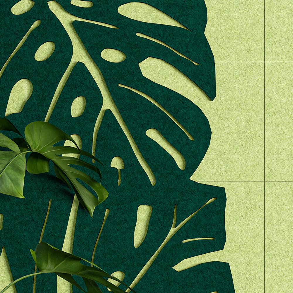 Sound absorbing custom decorative wall panel in a shape of monstera leaves