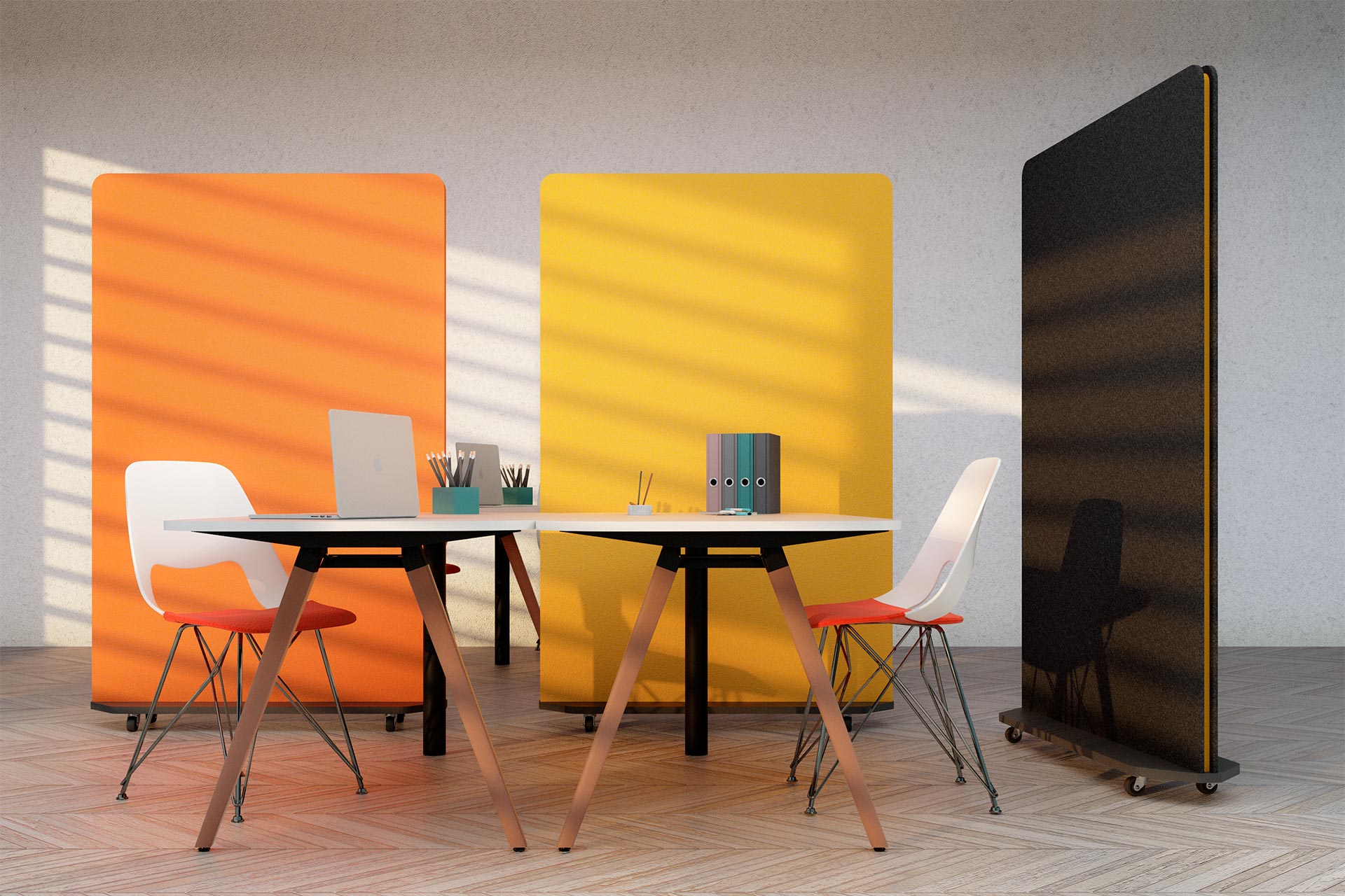 Colourful mobile acoustic panels in office space