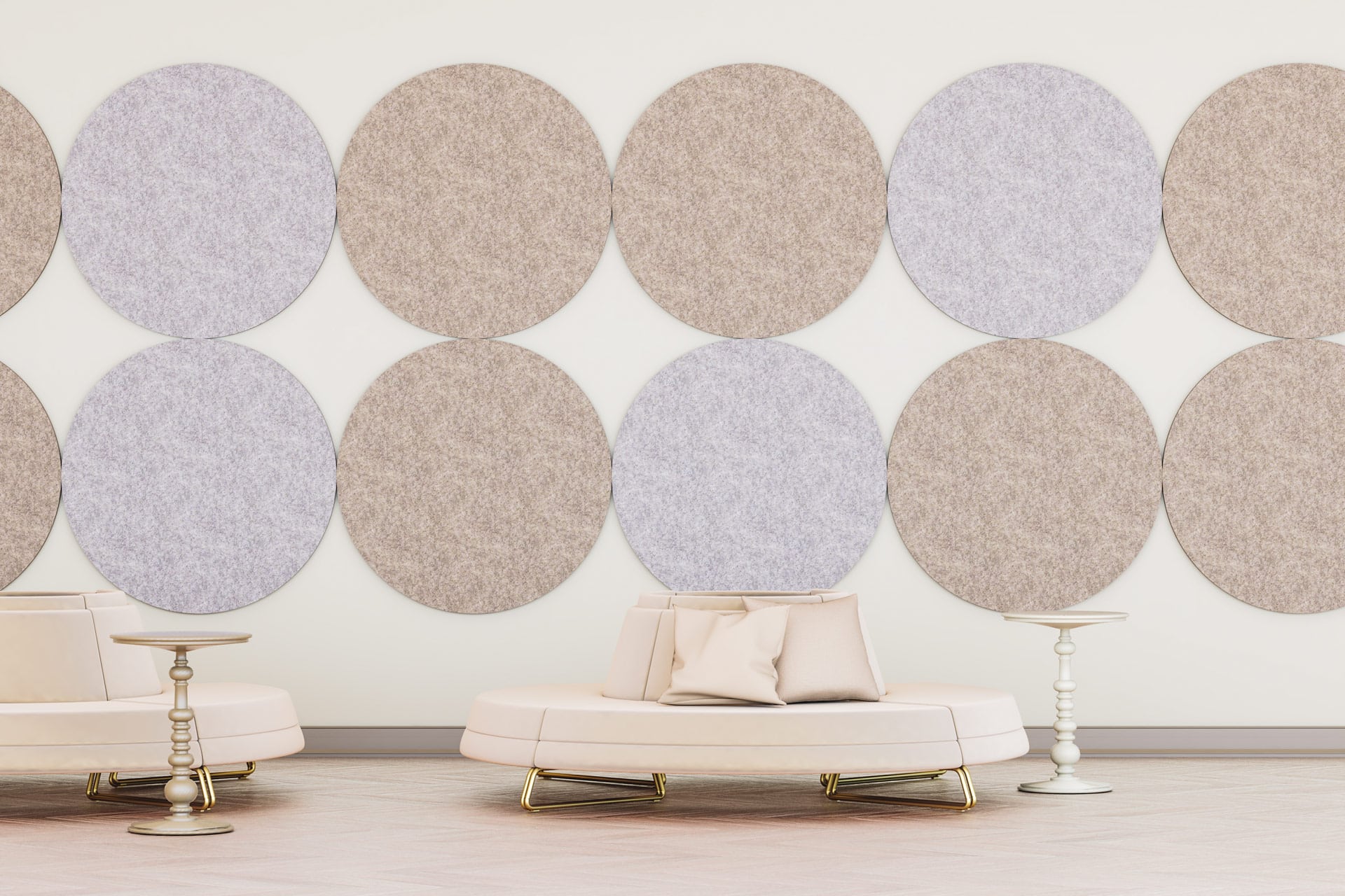 Circular decorative acoustic panels on the wall in a waiting room