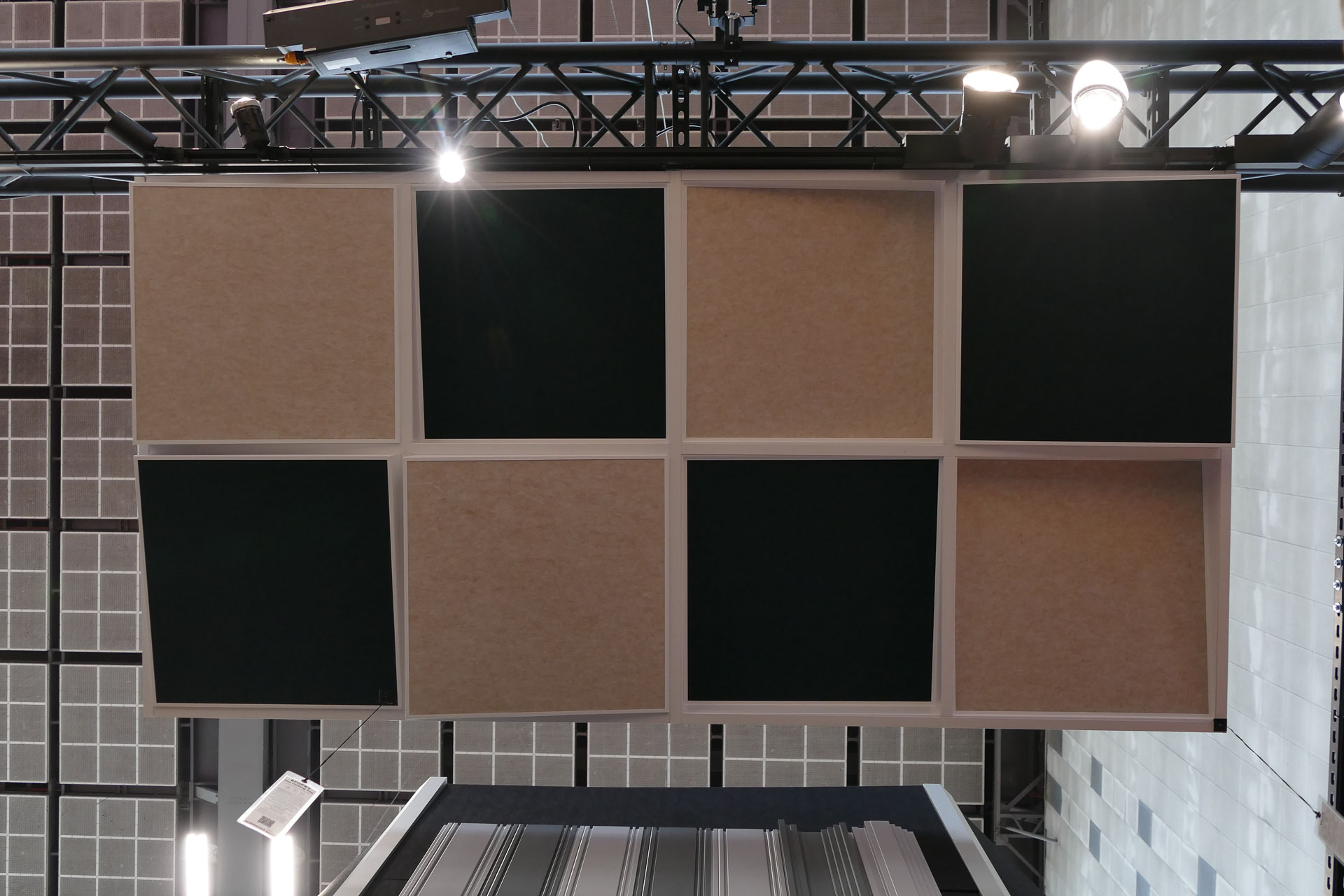 Ceiling frame with colourful soundabsorbing tiles at Batimat 2022 trade show