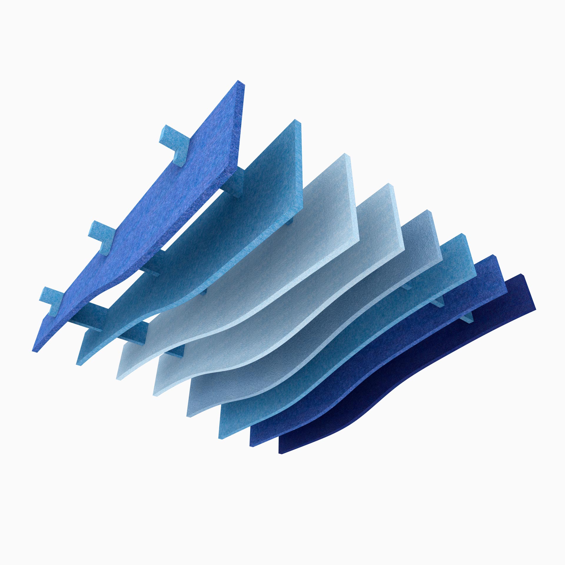 Wycinek struktury rastrowego sufitu akustycznego 3d tworzącego gradient w odcieniach niebieskiego