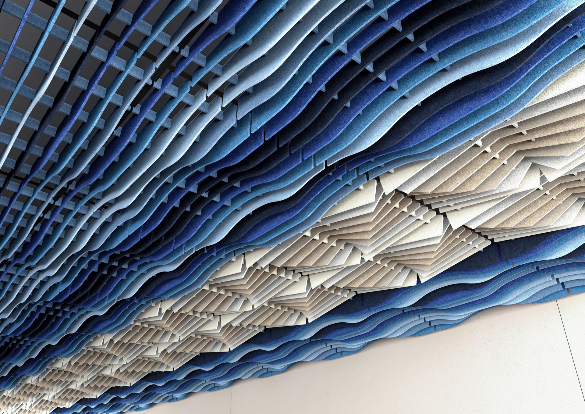 Widok pod kątem na rastrowy sufit dźwiękochłonny 3d gradient w odcieniach niebieskiego