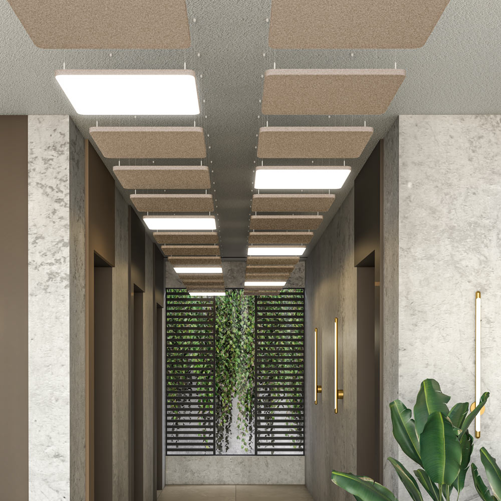Acoustic ceiling islands in the office hall