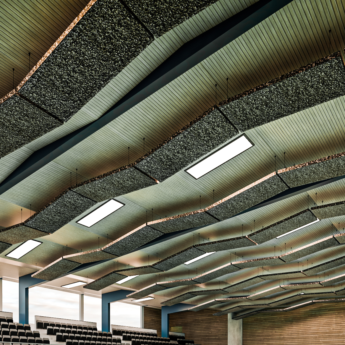 Stratocell Whisper lightweight sound absorbing acoustic panels at the ceiling of pool