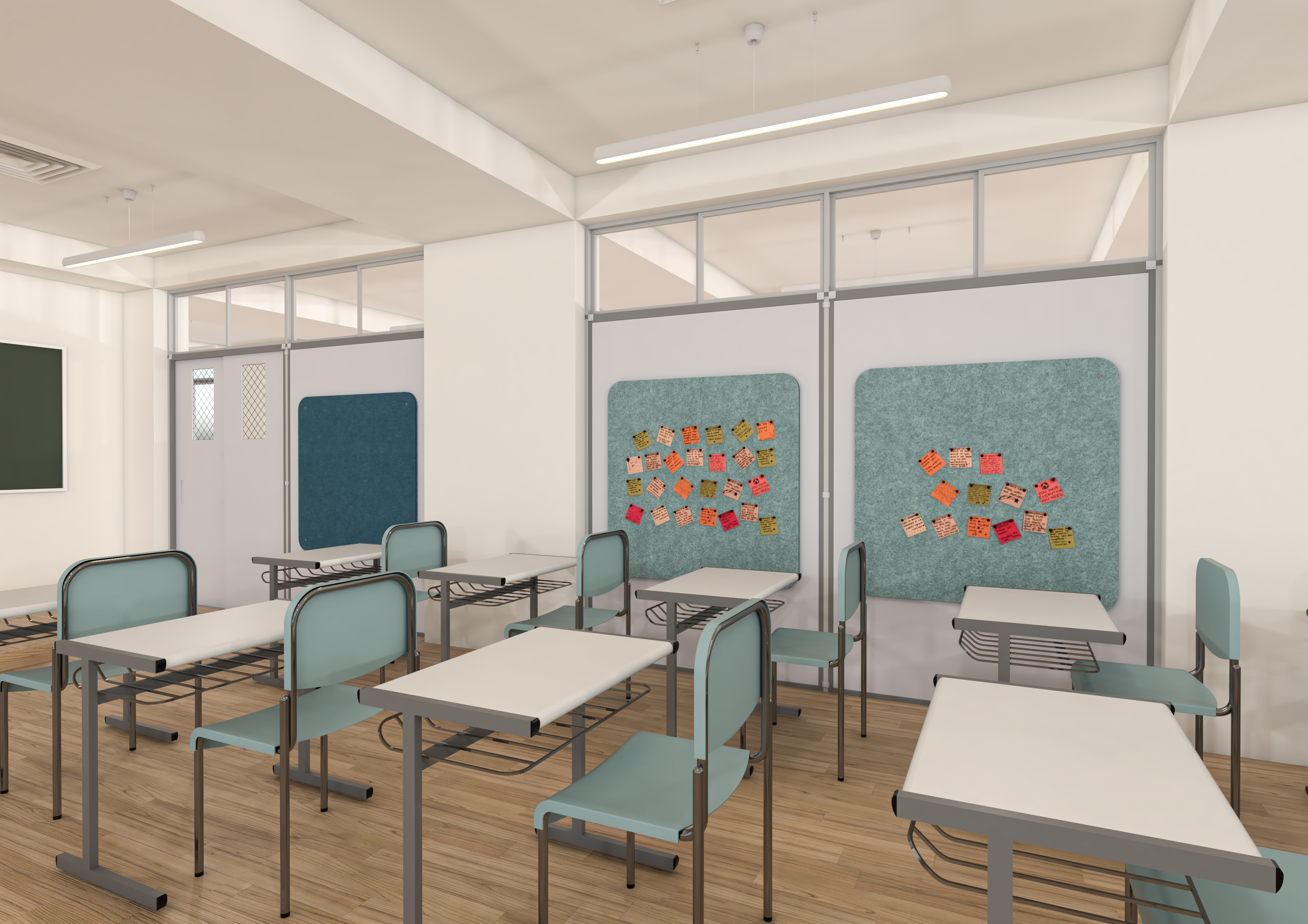 Classroom with colourful cozy sound-absorbing panels on the wall