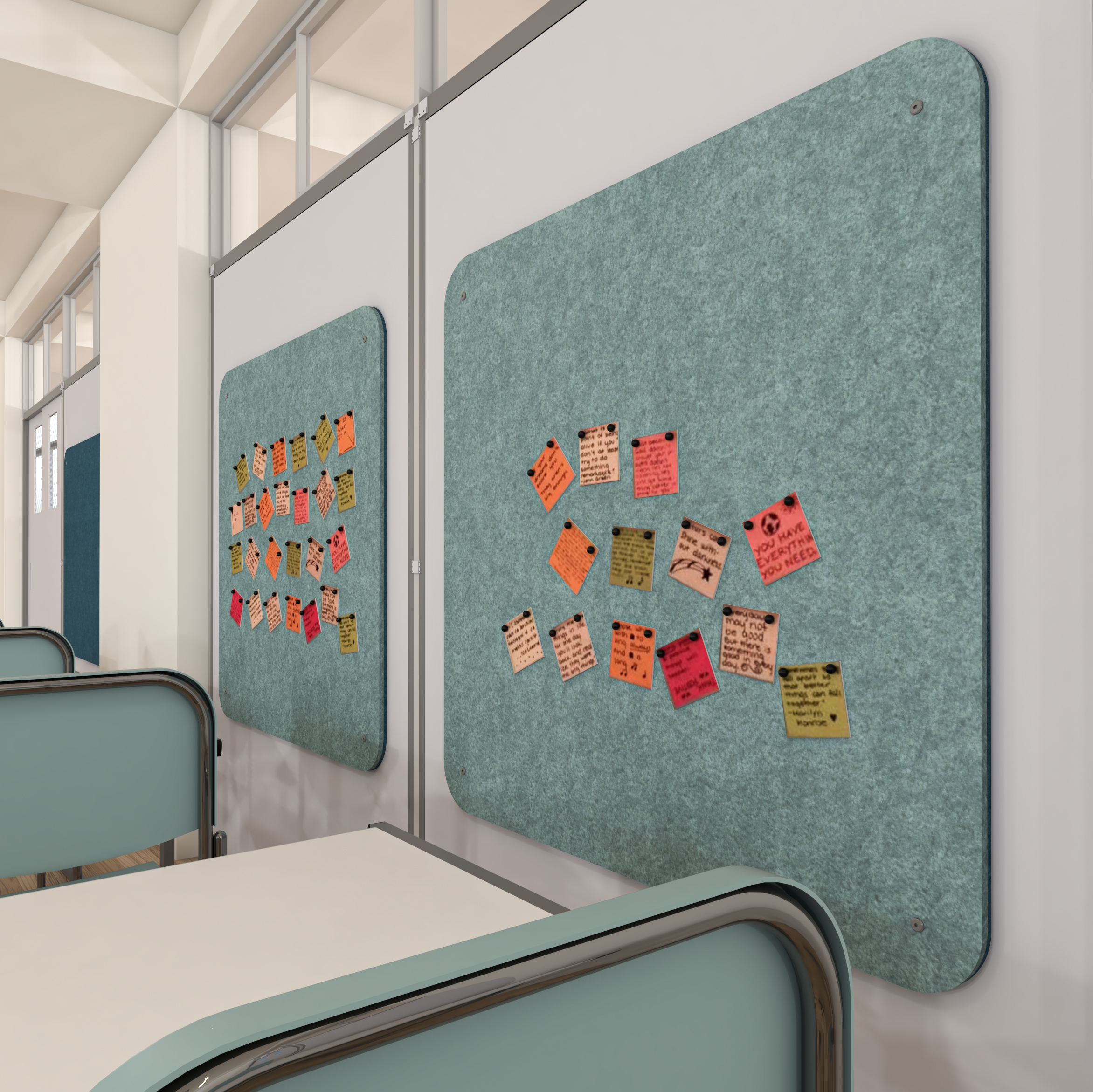 Cozy sound-absorbing panel on the wall in the classroom with sticky notes