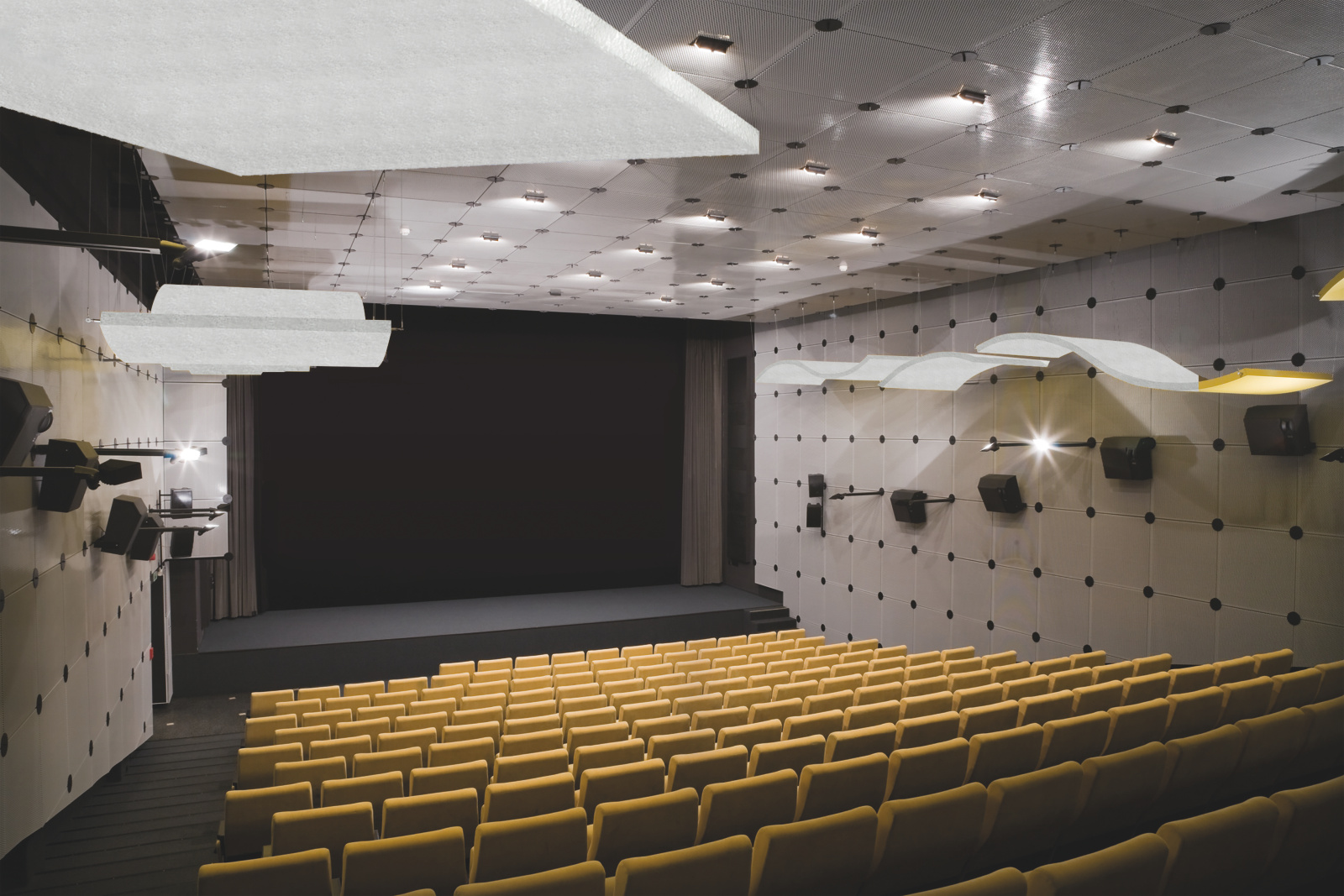 Stratocell Whisper sound absorbing acoustic panels in the theatre hall