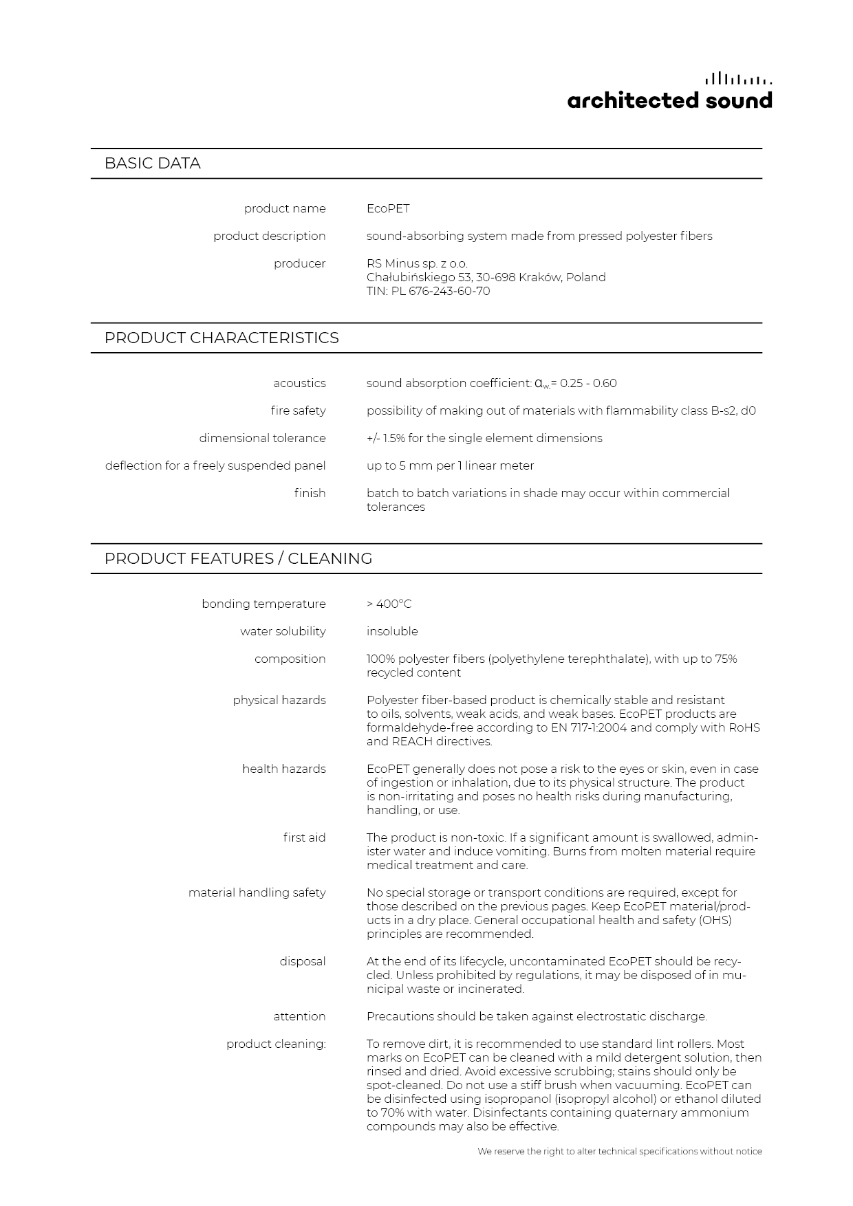 Properties Data Sheet cover of EcoPET acoustic panel